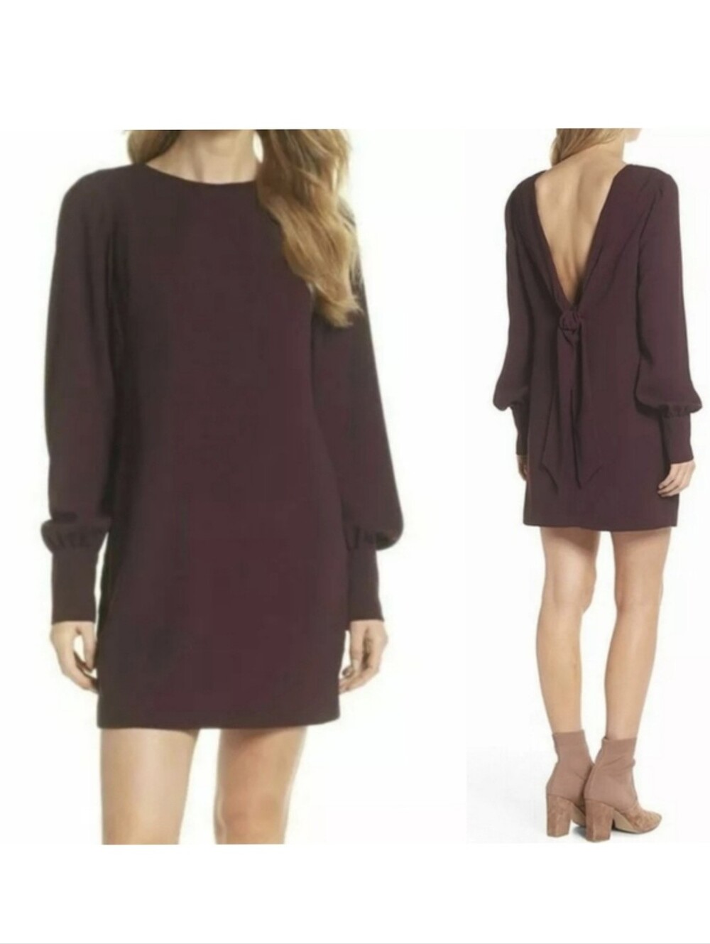 Chelsea28 Burgundy Long Sleeve V Back Sheath Dress